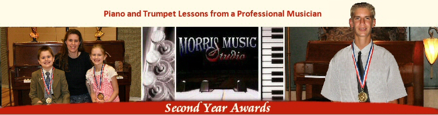 Morris Music Studio Logo with 2 photos of students holding awards