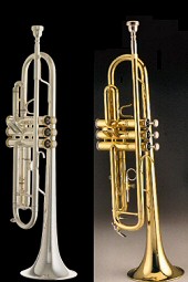 Photo of a silver trumpet and a lacquer trumpet